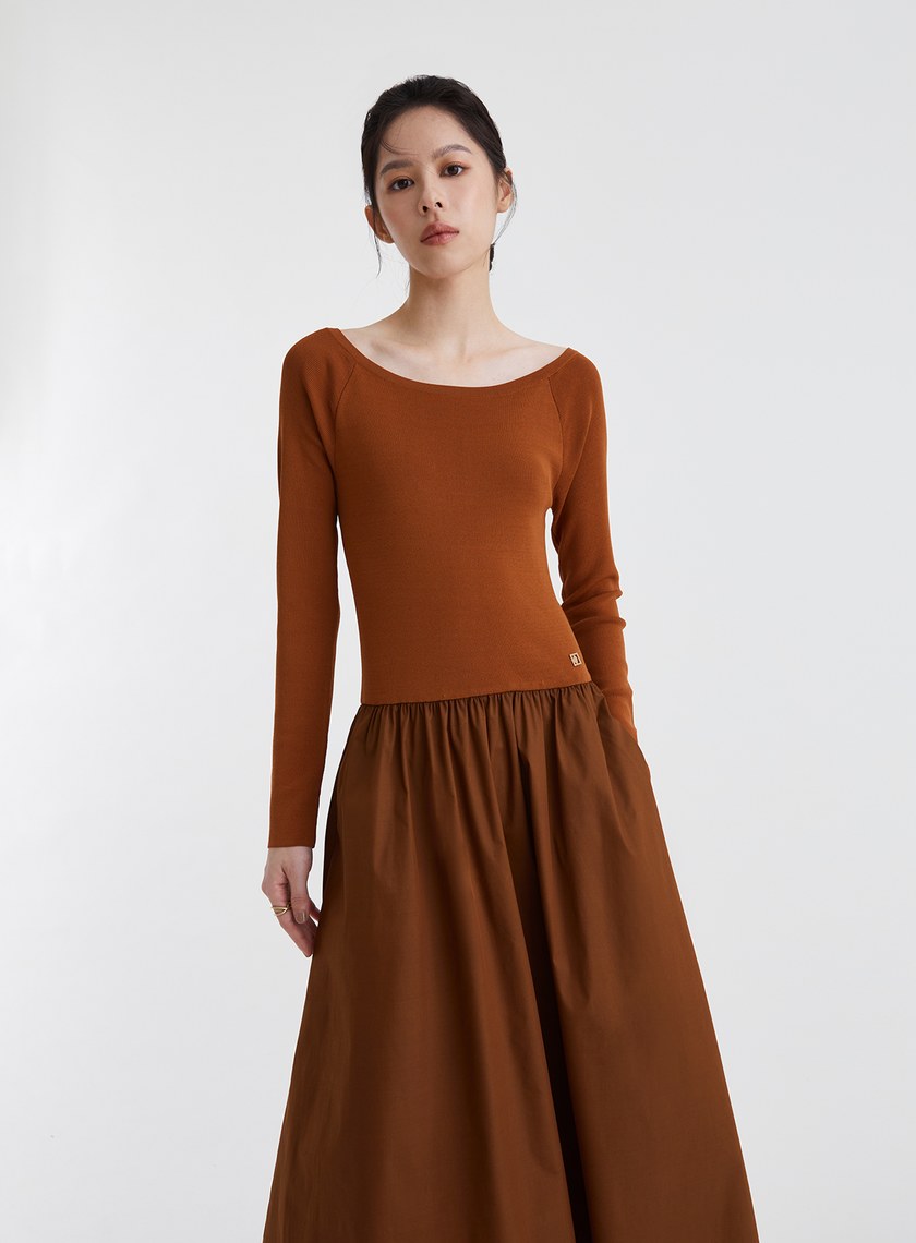 船領細羅紋抽皺長洋裝