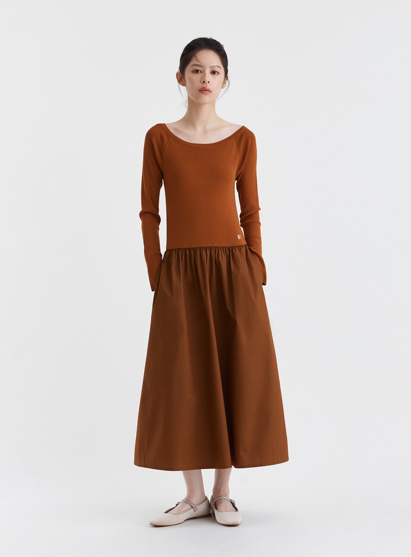 船領細羅紋抽皺長洋裝