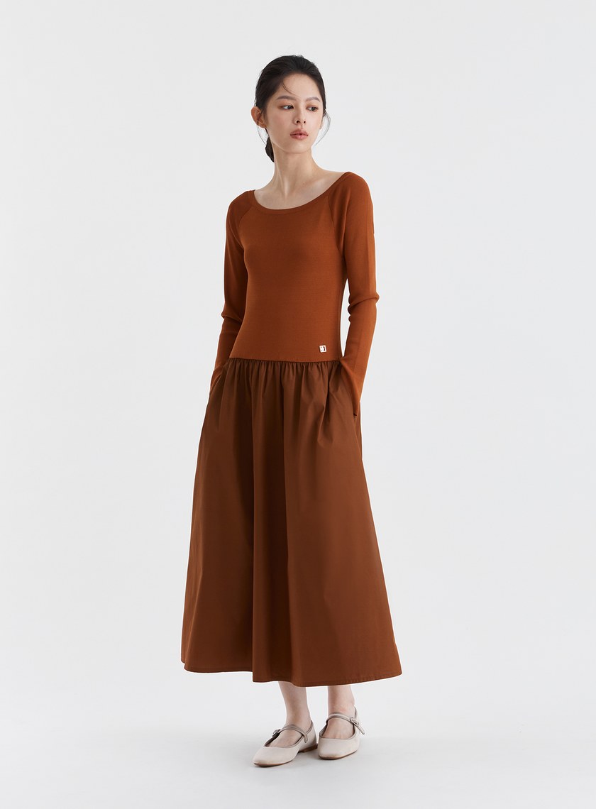 船領細羅紋抽皺長洋裝