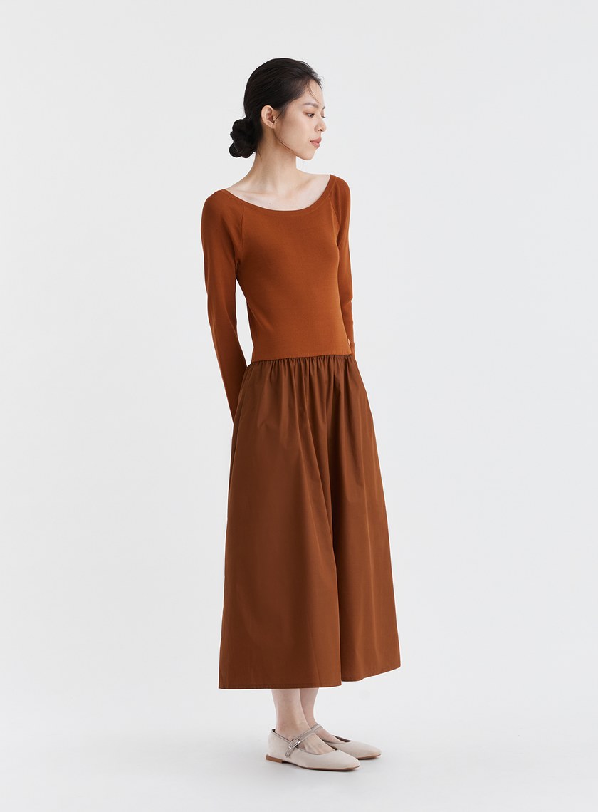 船領細羅紋抽皺長洋裝