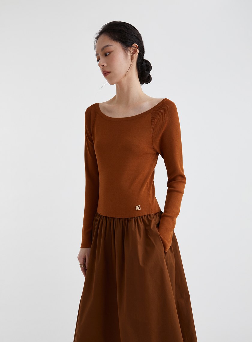 船領細羅紋抽皺長洋裝