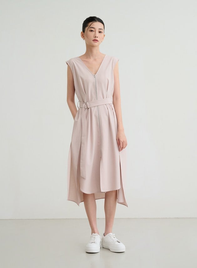 無袖拉鍊綁帶洋裝