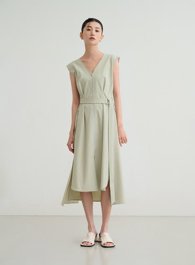 無袖拉鍊綁帶洋裝