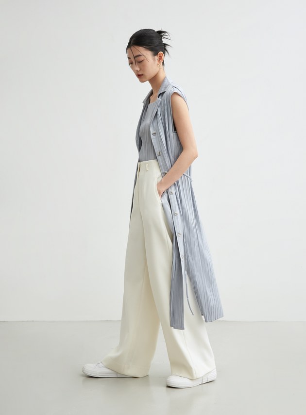 無袖壓摺綁帶飄逸洋裝