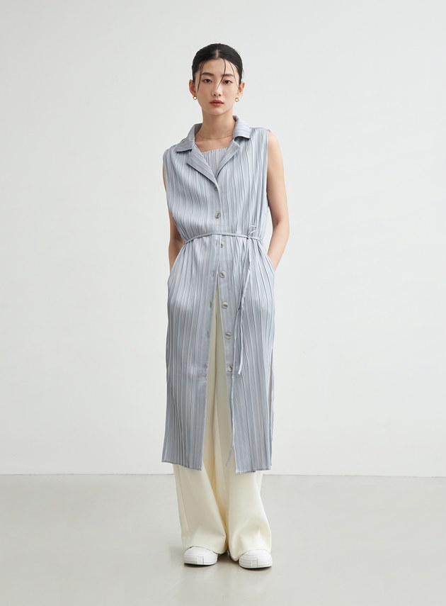 無袖壓摺綁帶飄逸洋裝