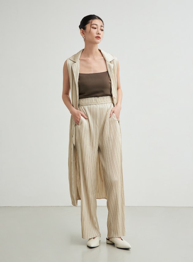 無袖壓摺綁帶飄逸洋裝