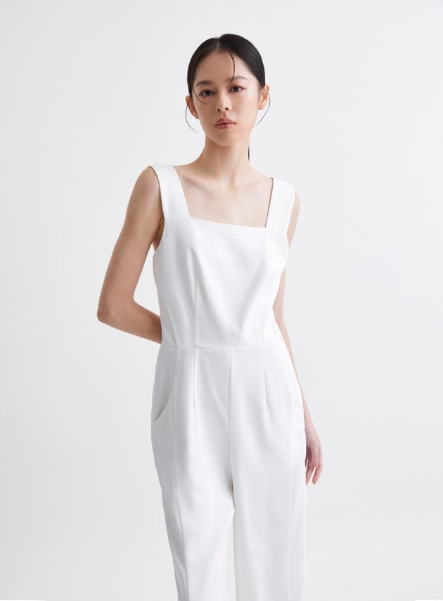 簡約俐落寬肩帶連身褲