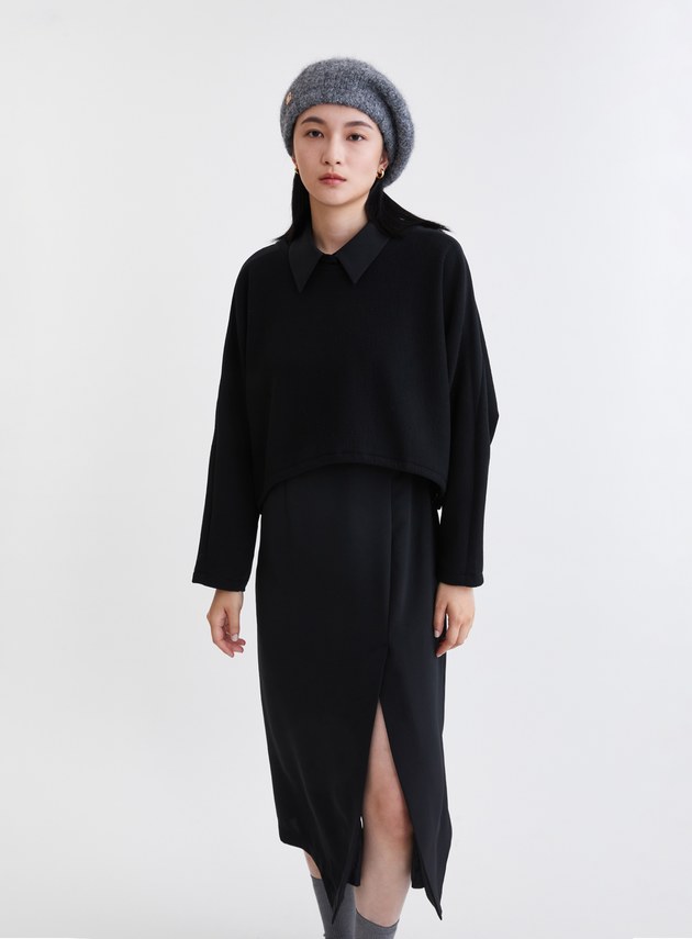 造型感異材質兩件式開衩洋裝