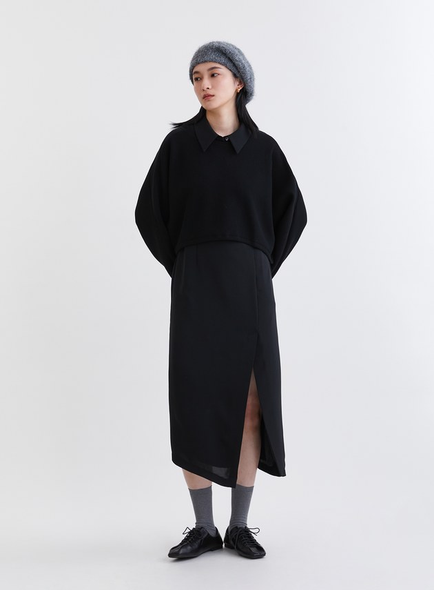 造型感異材質兩件式開衩洋裝