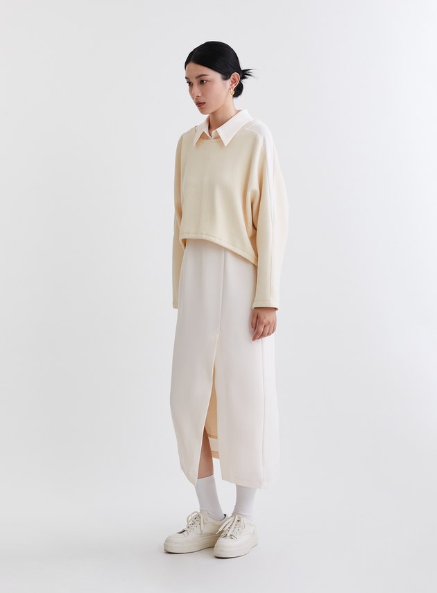 造型感異材質兩件式開衩洋裝