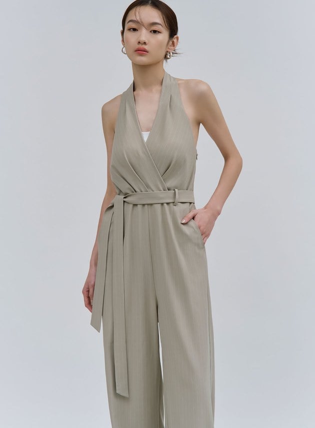 細條紋繞脖露背BRA連身褲