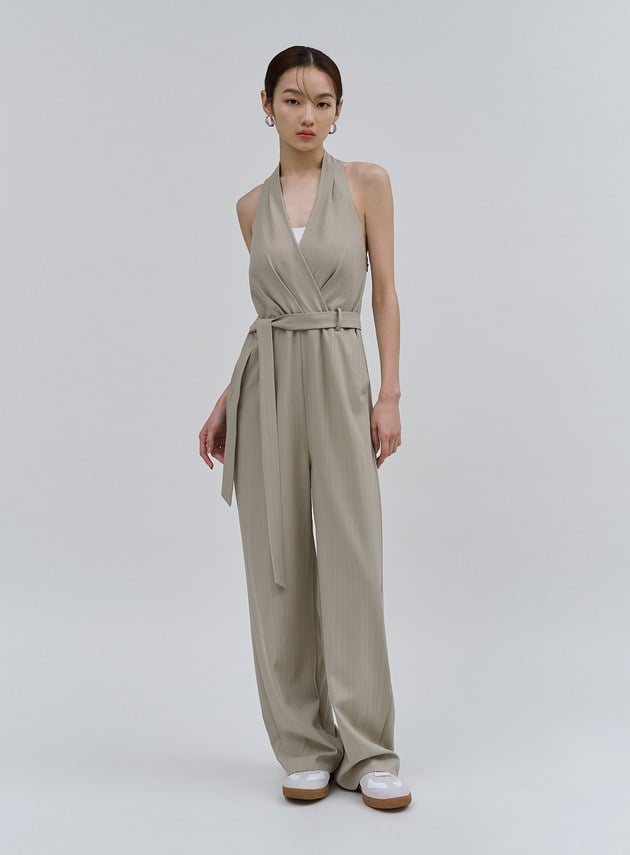 細條紋繞脖露背BRA連身褲