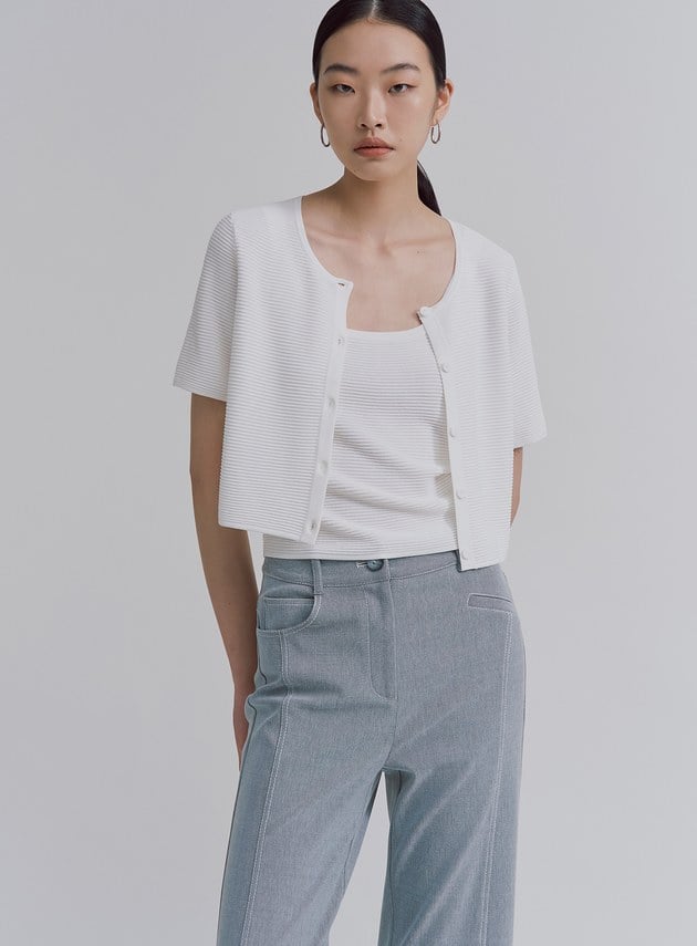 圓領坑條短袖針織罩衫