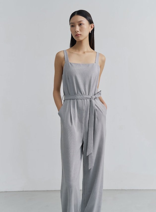 率性涼感細格紋BRA連身褲