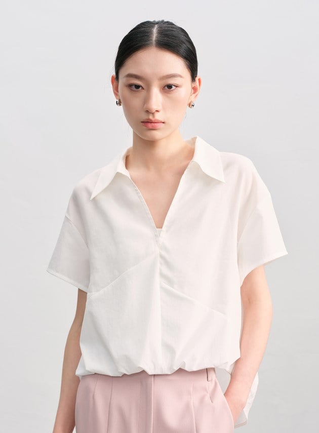 紙紗不對稱拼接襯衫