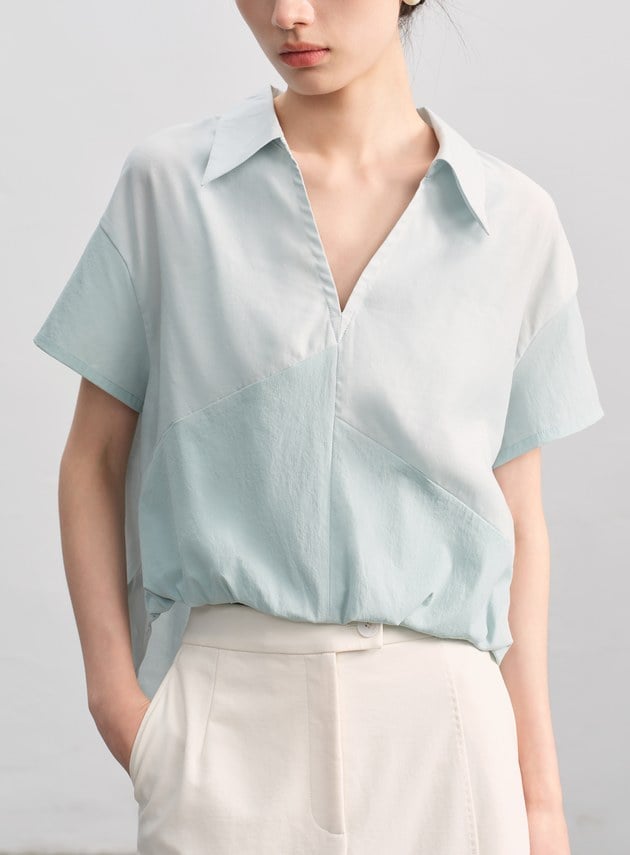 紙紗不對稱拼接襯衫
