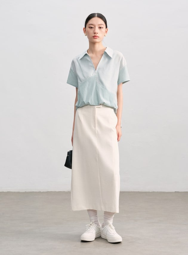 紙紗不對稱拼接襯衫