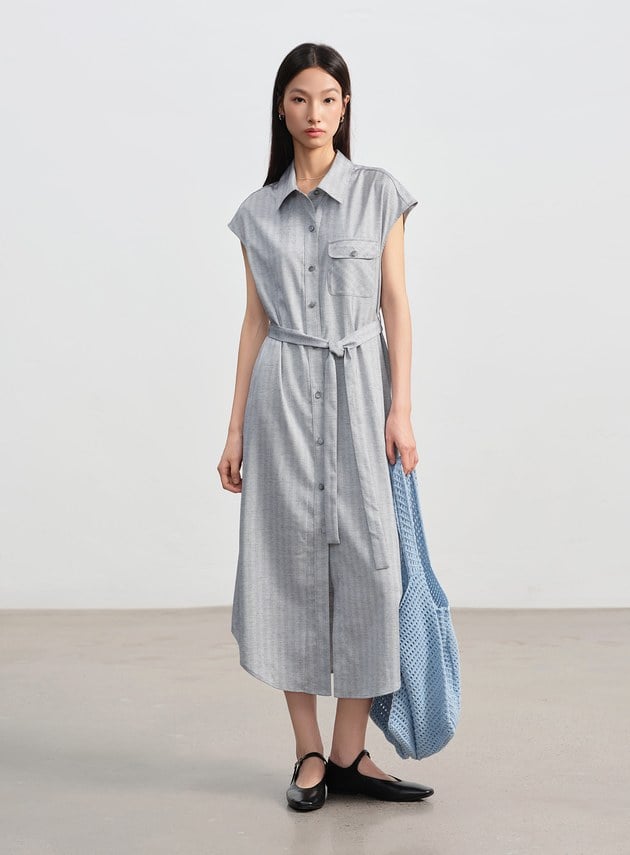 條紋亞麻襯衫洋裝