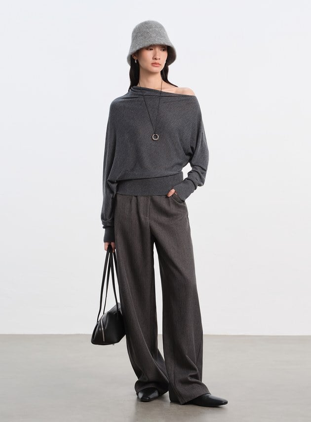 斜領連袖針織上衣