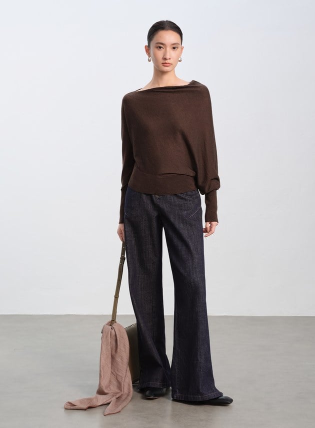 斜領連袖針織上衣