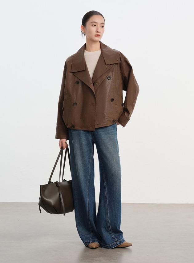 亮面燙膜雙門襟短版風衣