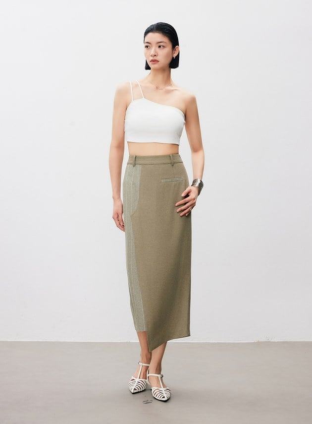 不對稱異材質拼接西裝半裙