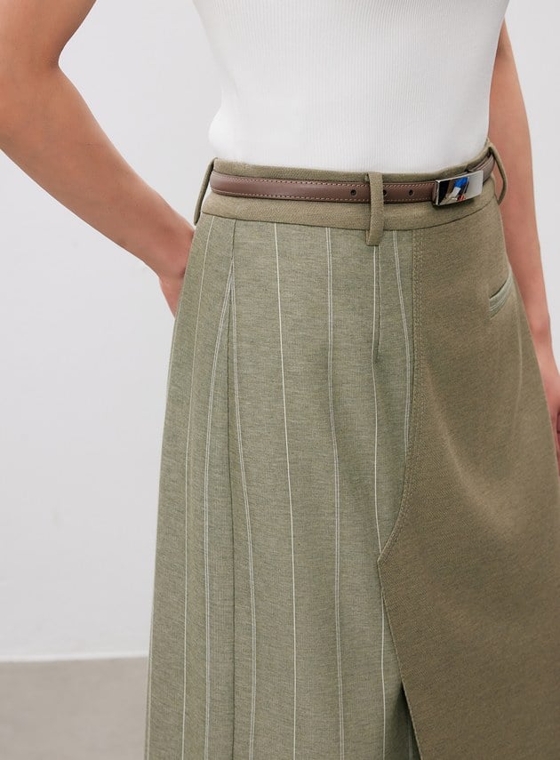 不對稱異材質拼接西裝半裙