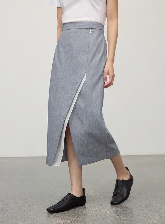 俐落不對稱開衩H型西裝半裙