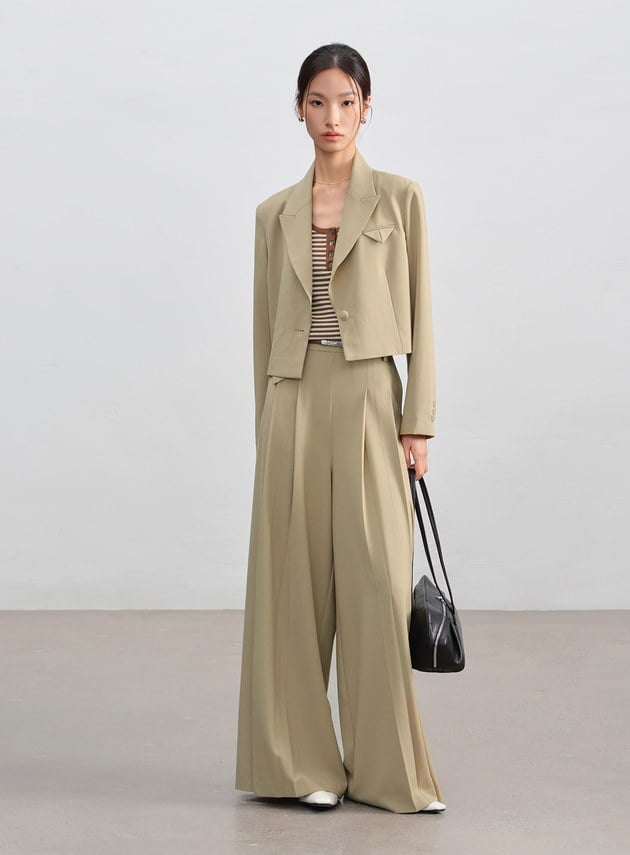 俐落百褶無門襟落地闊腿褲