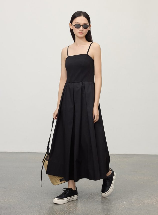 休閒異素材拼接吊帶洋裝