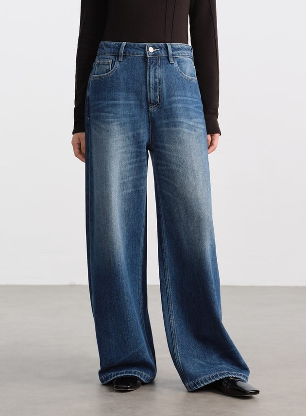 高腰挺版牛仔寬褲