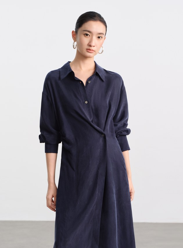 不對稱斜釦襯衫洋裝