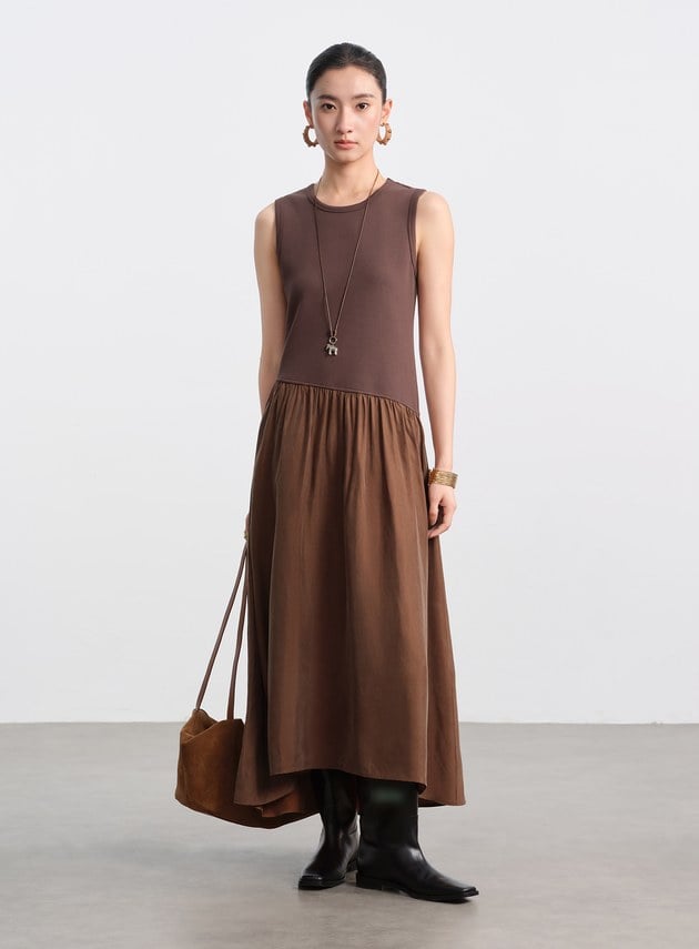 異材質拼接不對稱連身裙