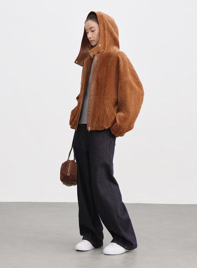 絨面連帽繭型休閒外套