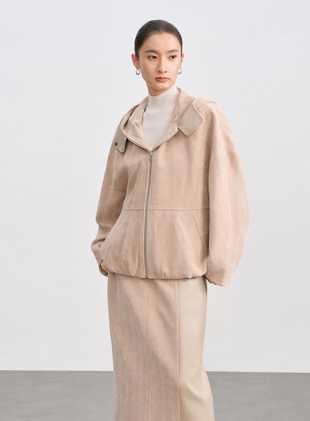 絨面連帽繭型休閒外套