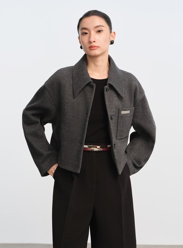 襯衫領弧線短版外套