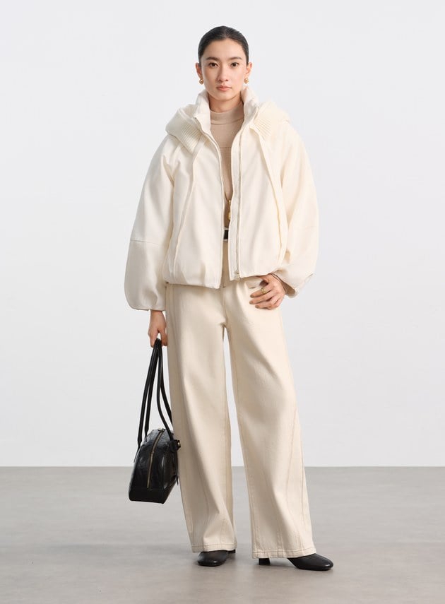 彎刀袖鵝絨連帽短外套