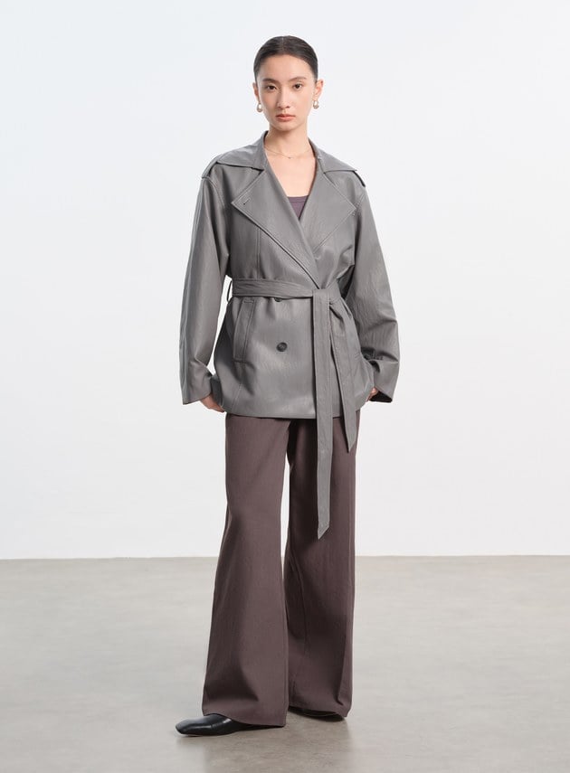 柔霧皮革拼接連帽外套