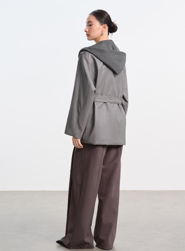 柔霧皮革拼接連帽外套