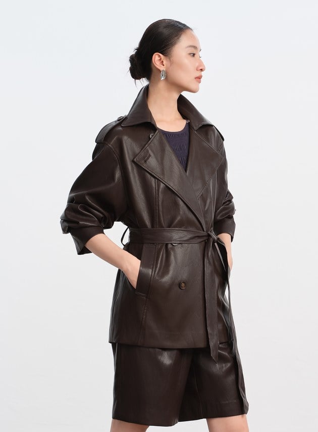 柔霧皮革拼接連帽外套