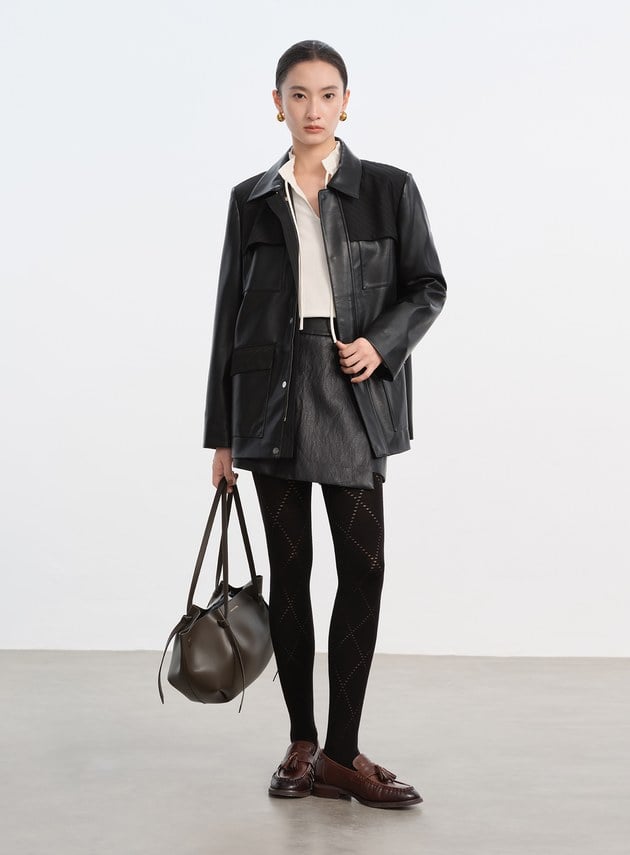 率性條紋皮革拼接寬版夾克