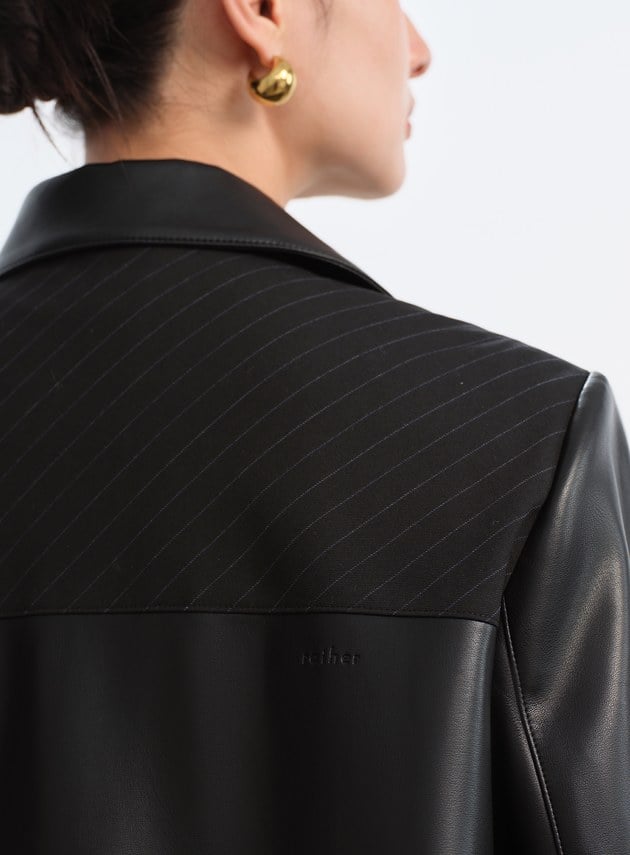 率性條紋皮革拼接寬版夾克