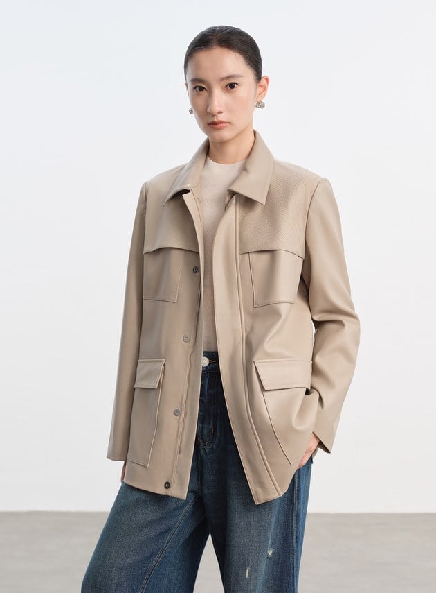 率性條紋皮革拼接寬版夾克