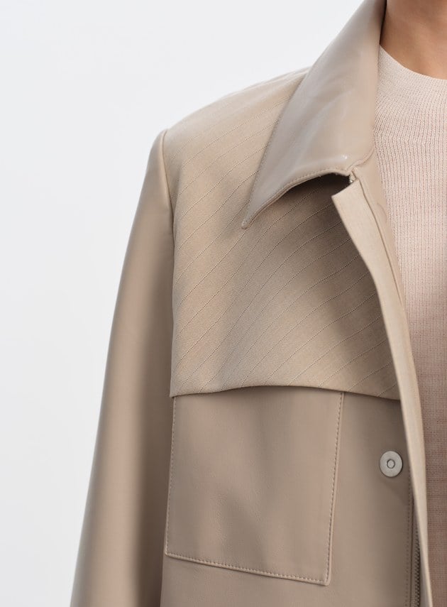 率性條紋皮革拼接寬版夾克