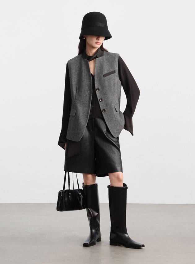 麂皮拼接人字紋立領馬甲