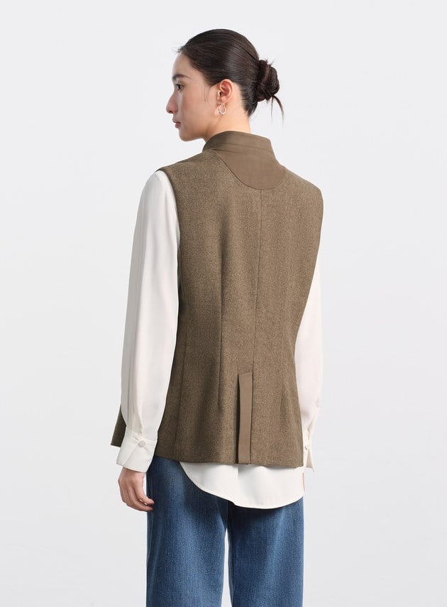 麂皮拼接人字紋立領馬甲