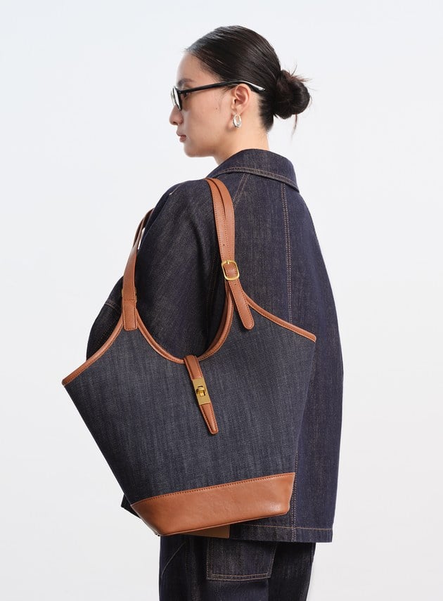 撞色拼接牛仔皮革托特包