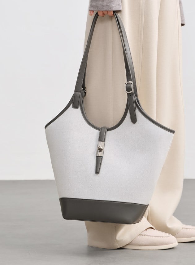 撞色拼接牛仔皮革托特包