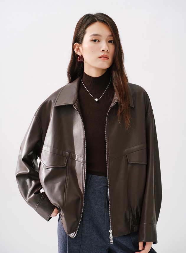 斜切腰線皮革拉鍊夾克