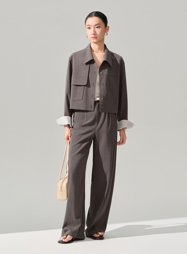 率性不對稱口袋翻袖夾克外套
